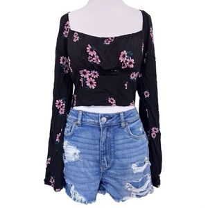 Wild Fable Long Sleeve Floral Peasant Blouse Smocked Crop Top Size Medium